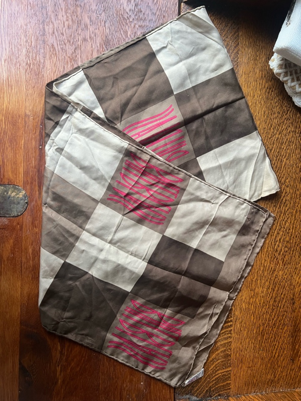 Vintage bill blass Brown and Cream Checked Silk Scarf with Pink Script 100% silk